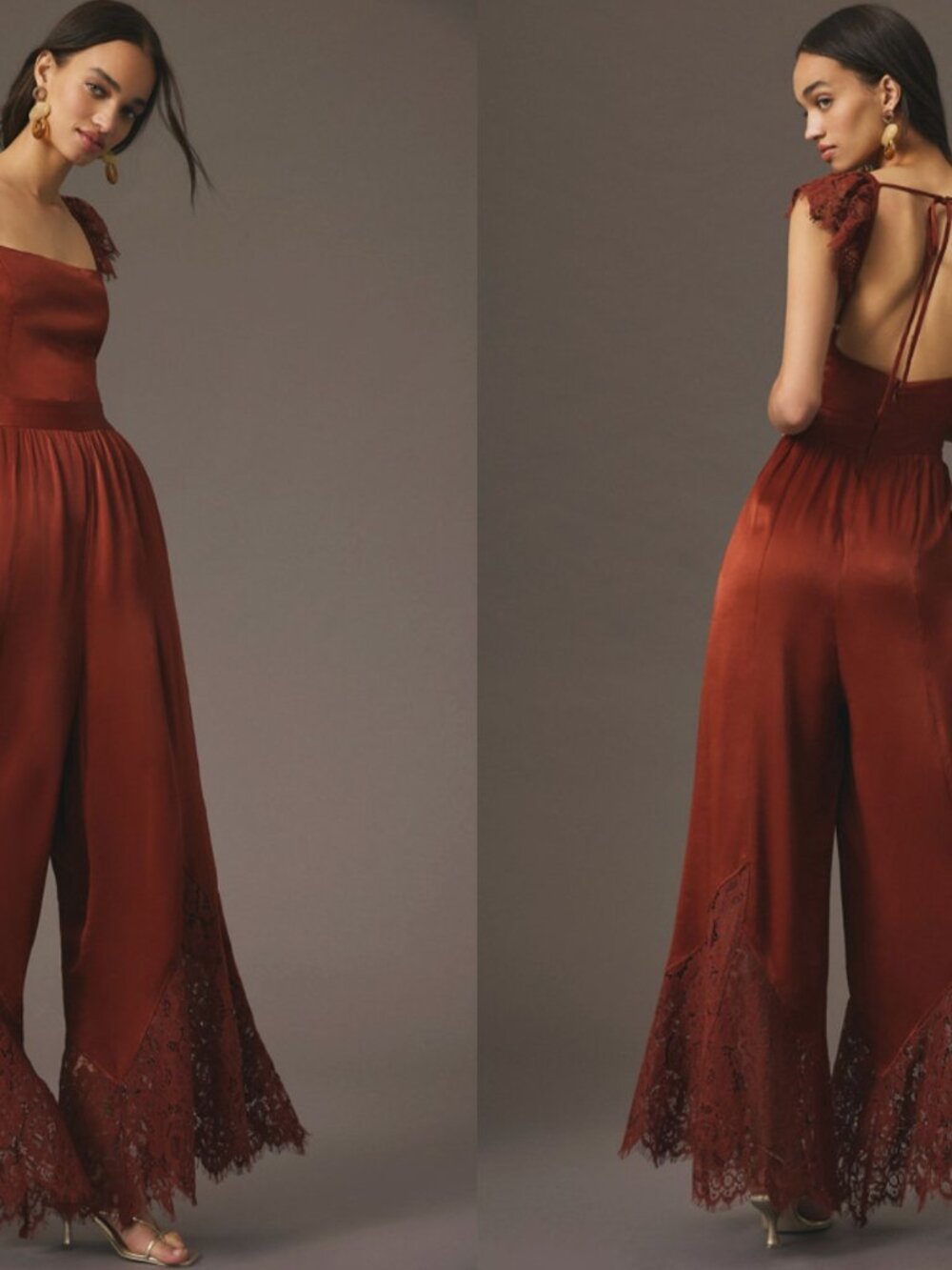 Anthropologie Rust Brown Lace Trim Wide-Leg Jumpsuit - Size US 0
